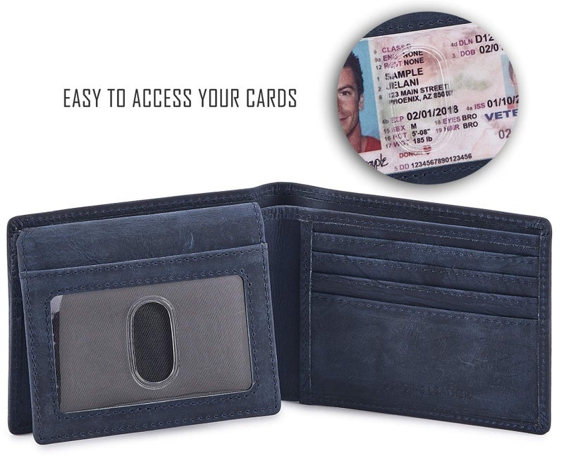 Cochoa Bifold Wallet for Men's Real Genuine Slim Leather RFID Blocking 2 ID Windows Stylish Travel Gift Box (CRAZY HORSE, NAVY) - Image 2